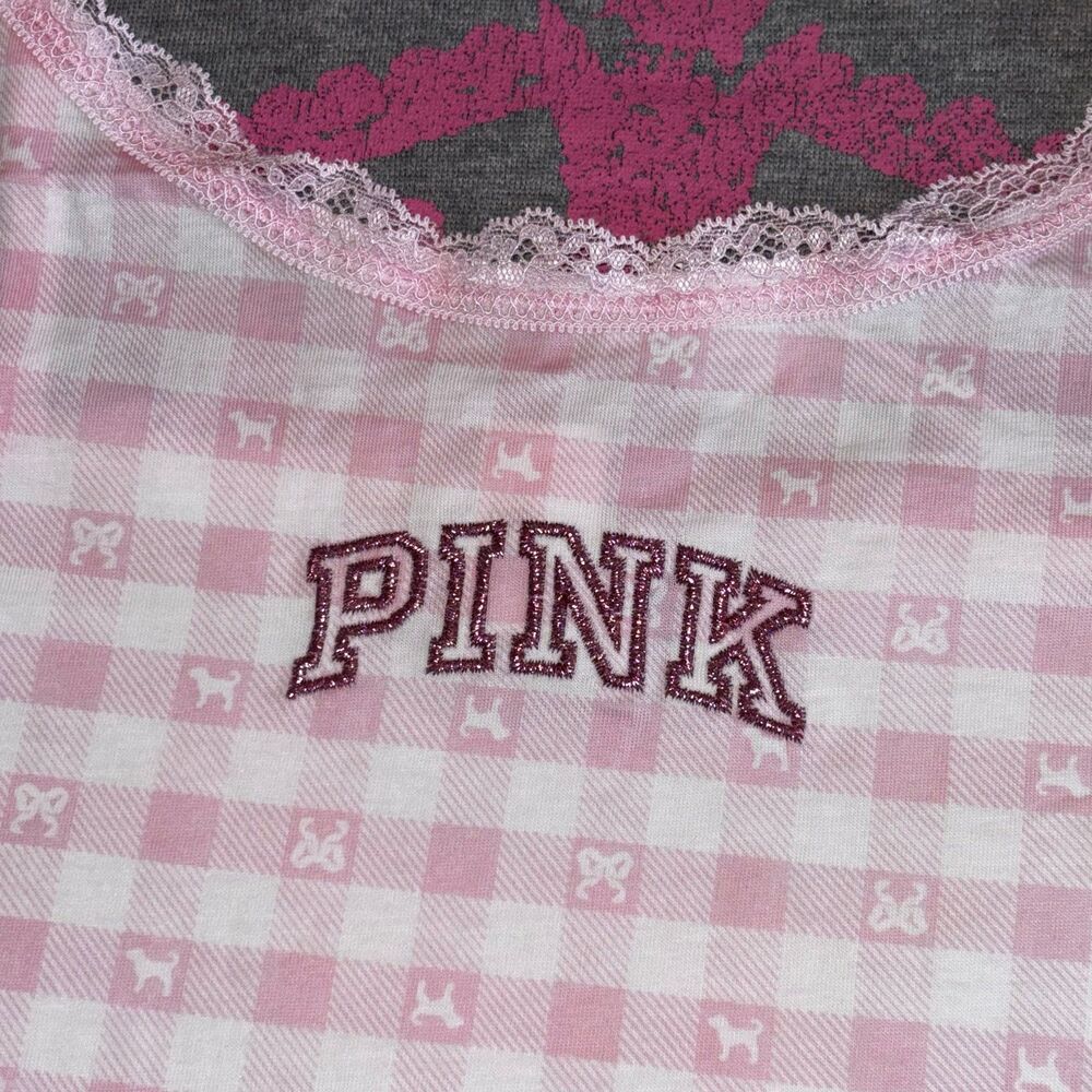 PINK x LoveShackFancy Cotton Cami Tank Top Icon Gingham Pink & White Plaid XL - Picture 4 of 12